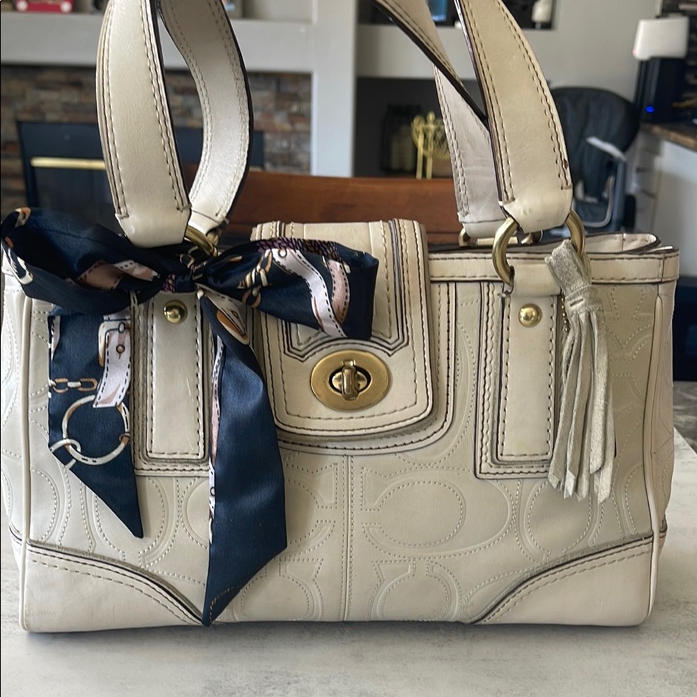 Coach Cream Satchel with Navy Scarf Accent